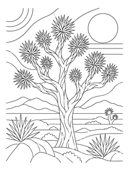 A desert landscape with a spiky Joshua tree coloring page under the sun.