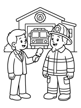 Free printable Journalist Interviewing Firefighter At Station coloring page