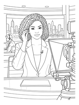A news anchor sitting at a desk in this journalist coloring page with studio cameras and city skyline.