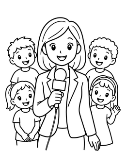 Free printable News Reporter With Cheerful Children coloring page