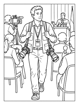 A press photographer with two cameras walks through a room in this journalist coloring page.