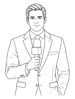 A handsome television news reporter in this journalist coloring page holding a microphone.