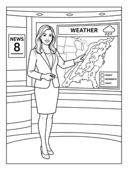 A female meteorologist presents the forecast on this journalist coloring page.
