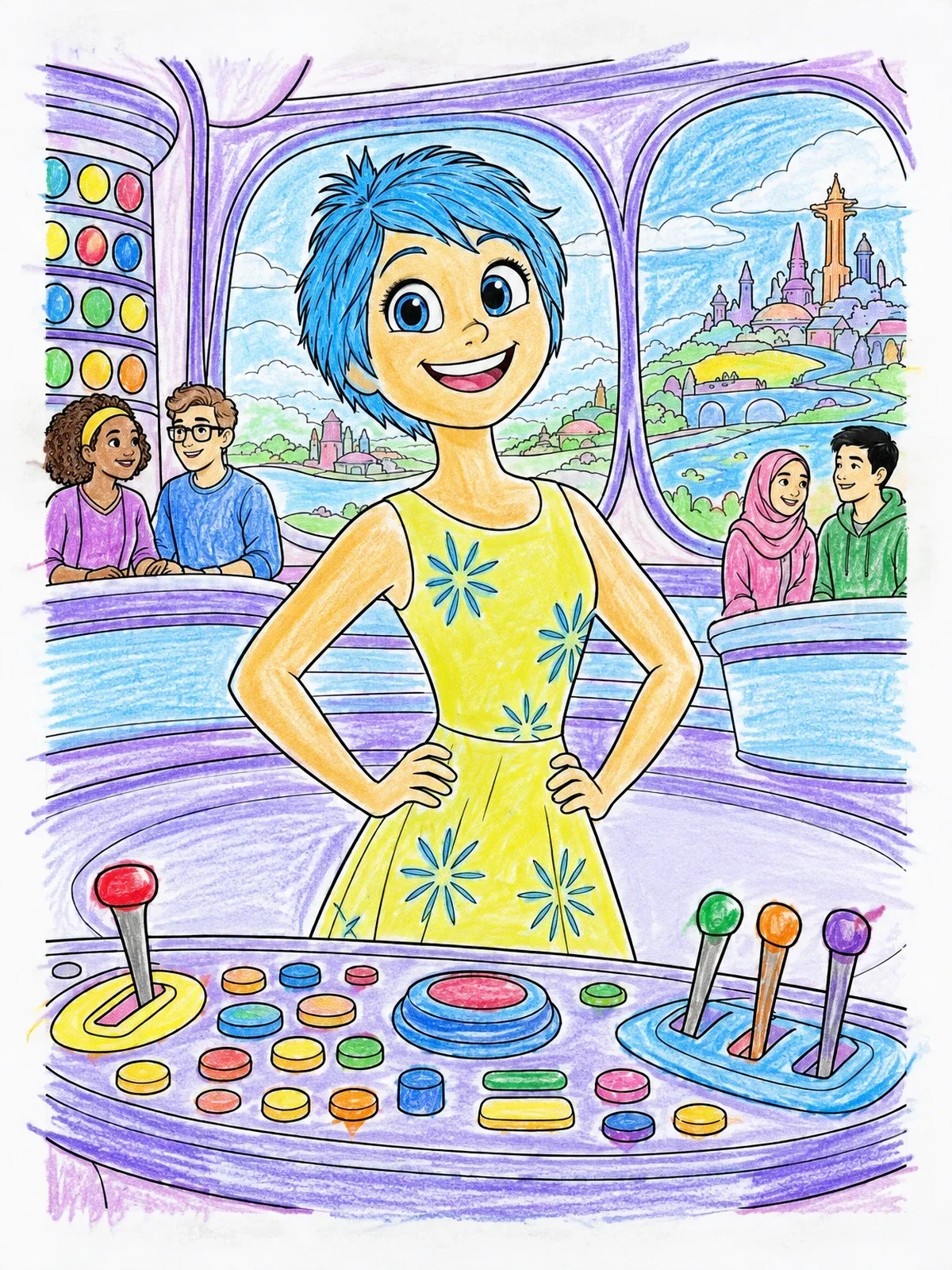 Colored example of the Joy At The Control Console coloring page