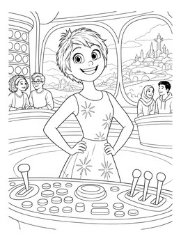 A cheerful girl at a control desk in this joyful joy coloring page.