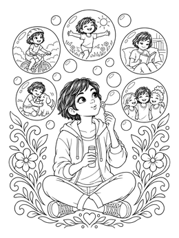 A girl sitting cross-legged blows floating bubbles filled with memories on this joy coloring page.