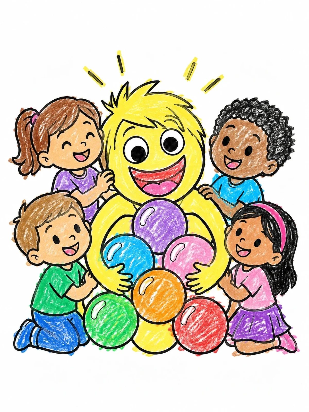 Colored example of the Joy Character Hugging Glowing Orbs coloring page
