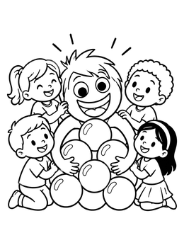 A cheerful character embraces shiny memory orbs in this joy coloring page surrounded by happy kids.