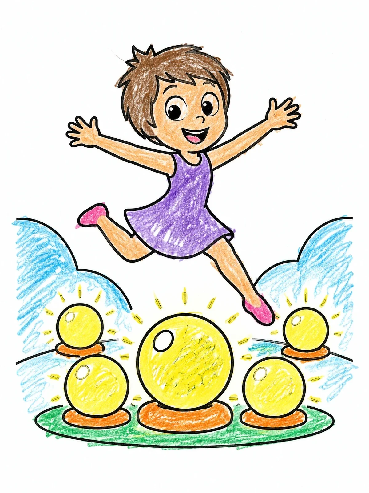 Colored example of the Cheerful Girl Leaping Over Glowing Orbs coloring page