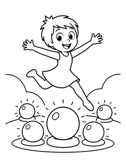 Free printable Cheerful Girl Leaping Over Glowing Orbs coloring page