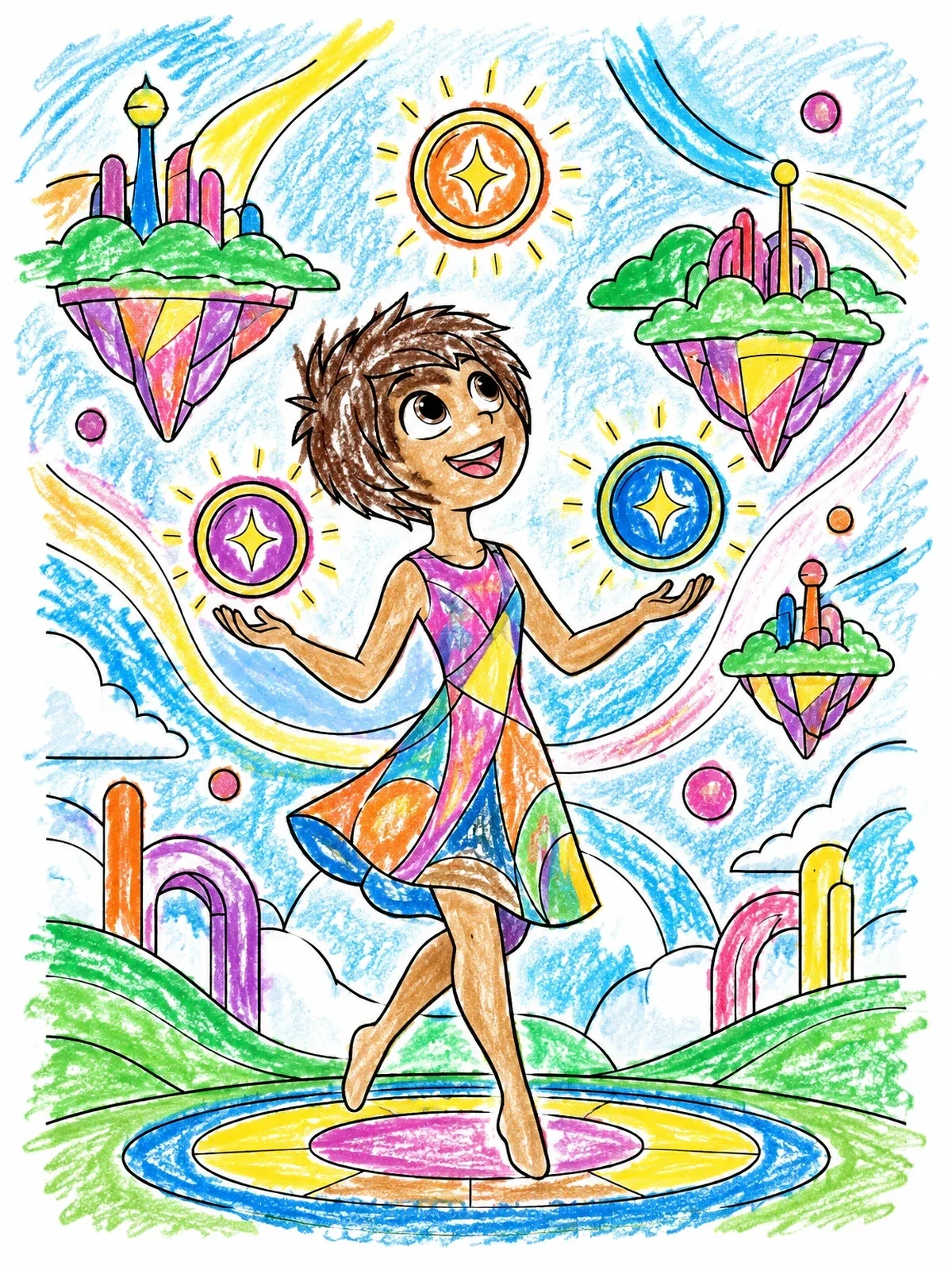 Colored example of the Joy Dancing Among Floating Memory Islands coloring page