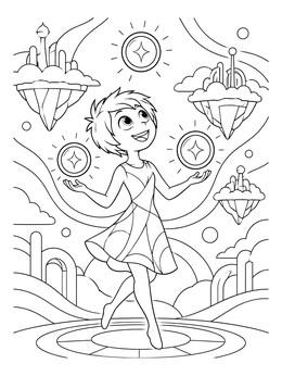 A joyful girl juggles glowing memory spheres in this whimsical joy coloring page.