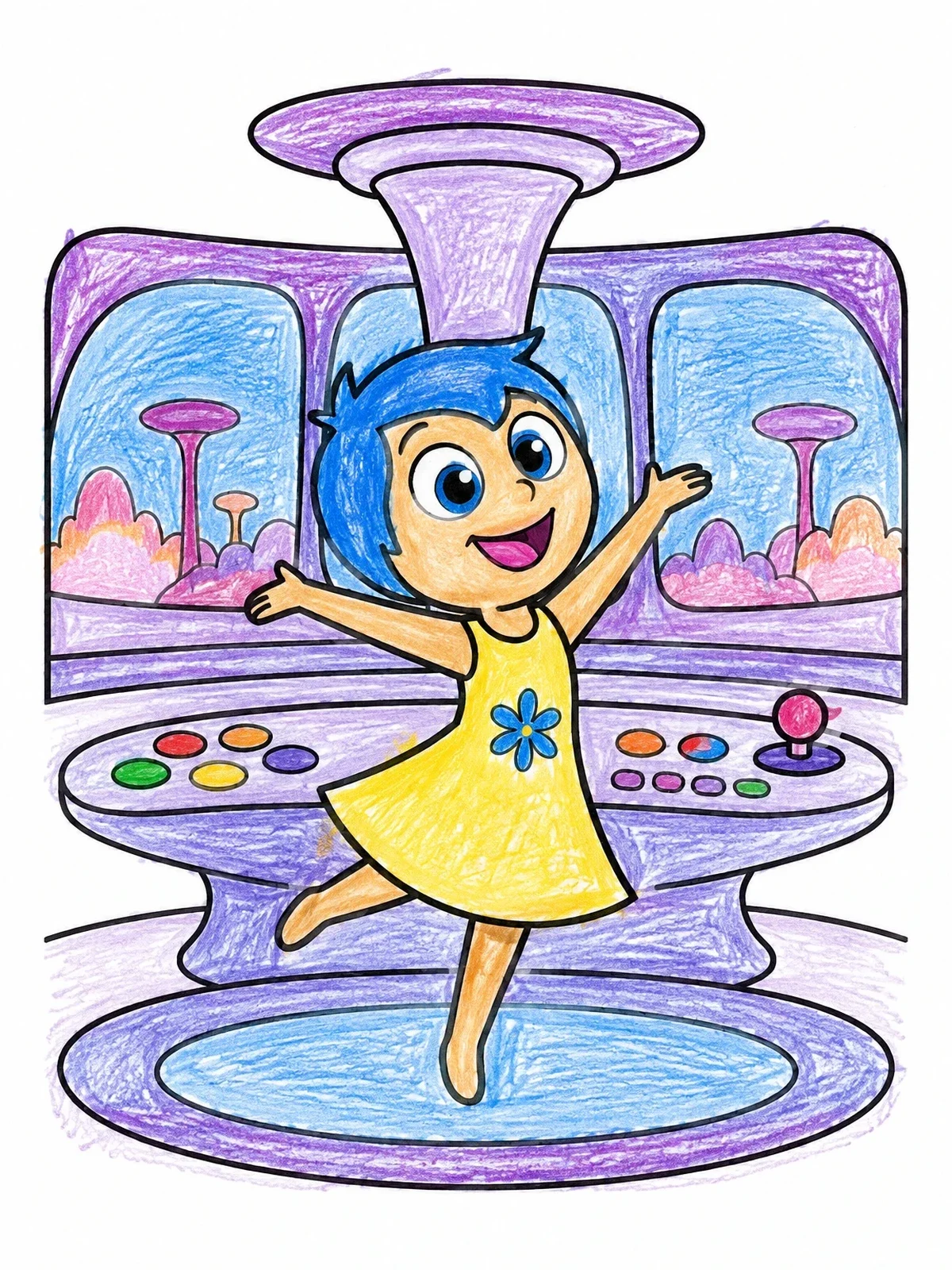 Colored example of the Joy Dancing In Mind Headquarters coloring page