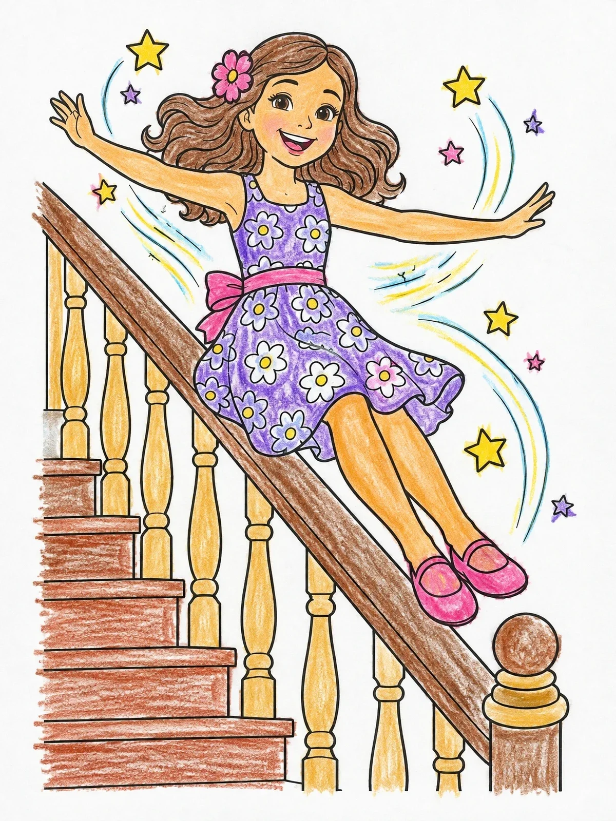 Colored example of the Girl Sliding Down The Banister coloring page