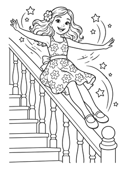 A cheerful girl sliding down stairs on a joy coloring page surrounded by stars.