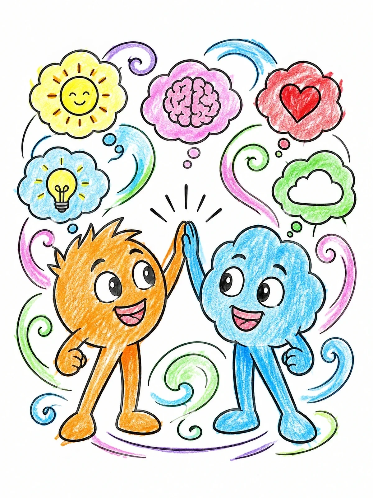 Colored example of the Happy Emotion Characters High Five coloring page