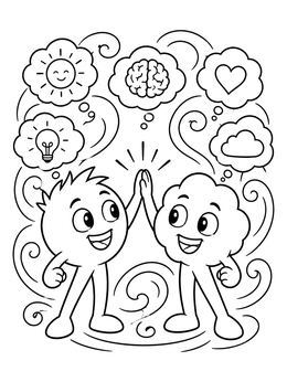Two cheerful cartoon characters giving a high five in this joyful joy coloring page.