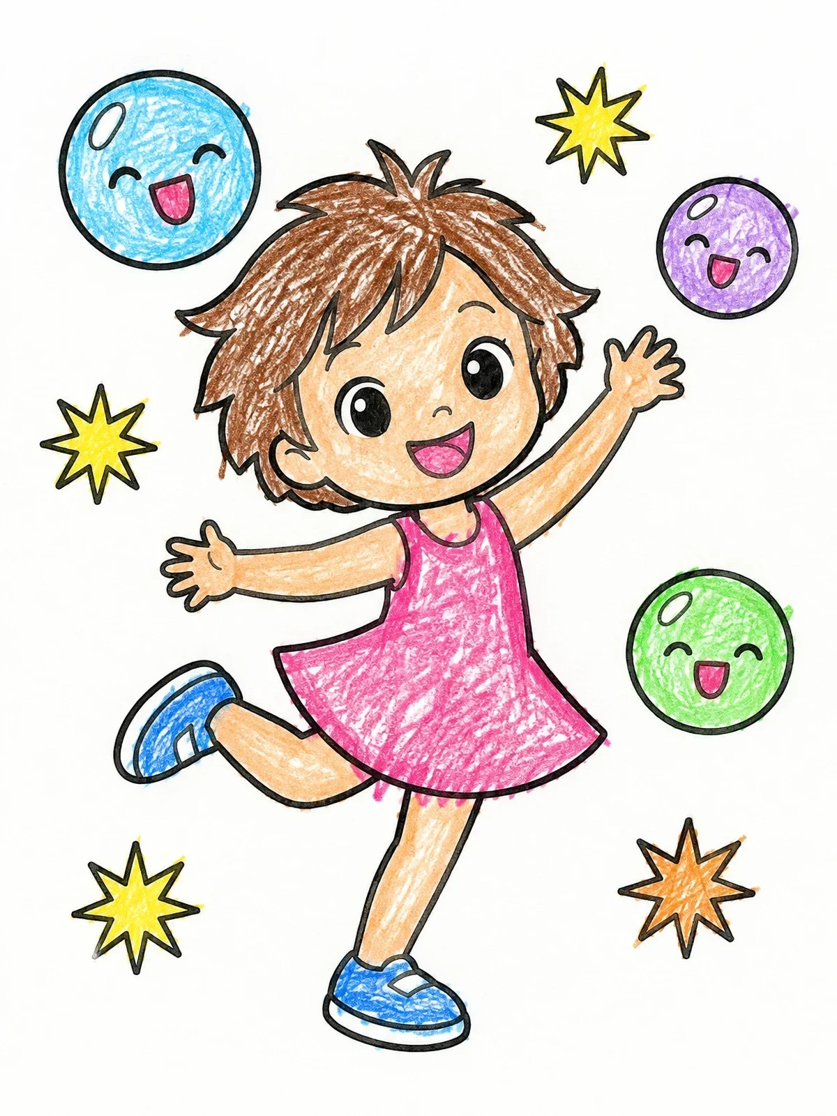 Colored example of the Happy Girl Dancing With Bubbles coloring page
