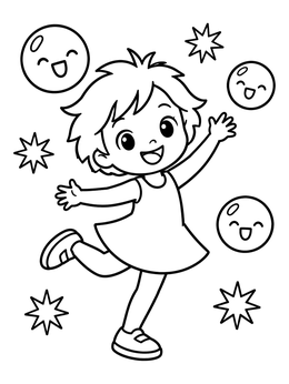 A cheerful girl dances among stars in this joy coloring page.