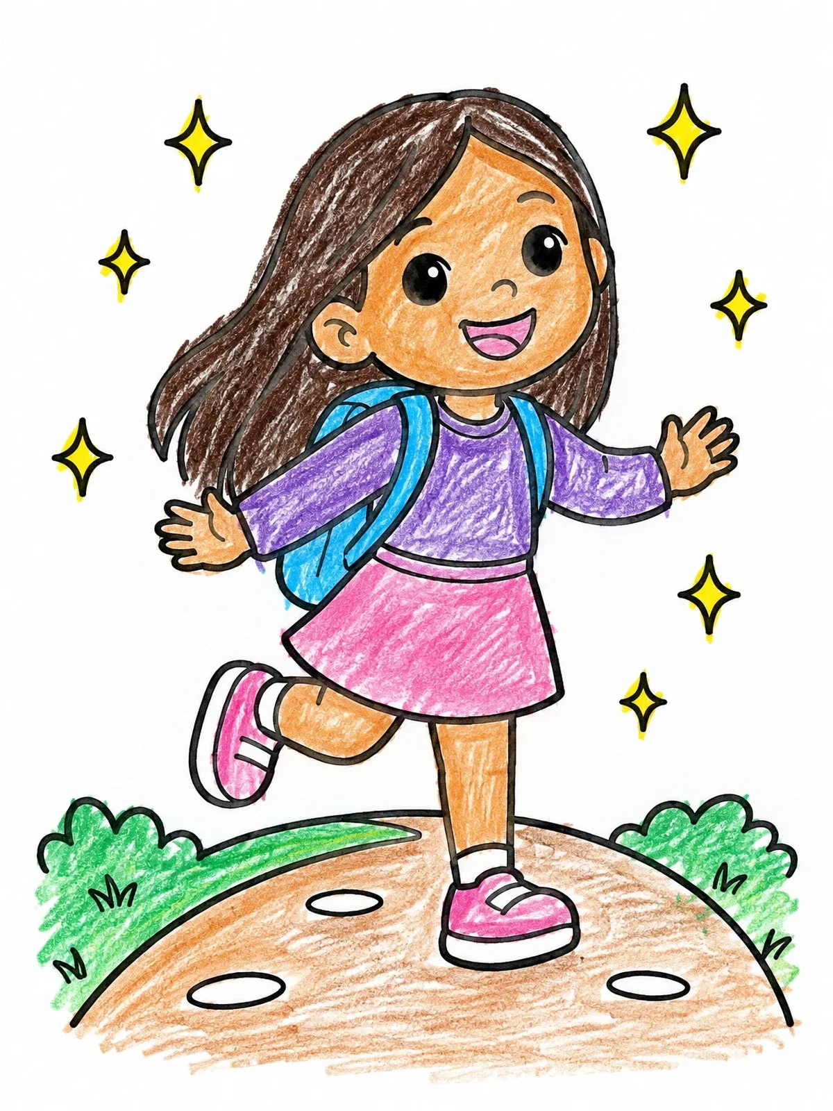Colored example of the Happy Girl Skipping Along The Path coloring page