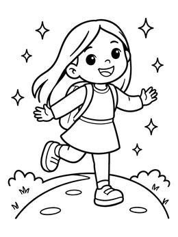 A cheerful girl skips outdoors on this cute joy coloring page with stars.