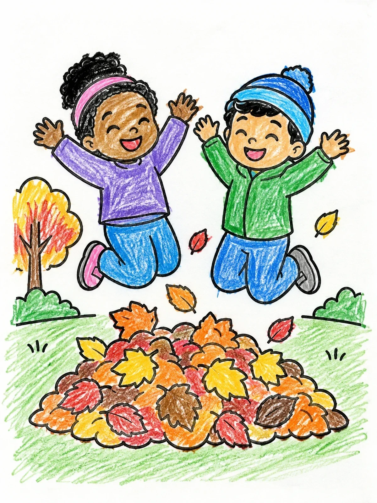 Colored example of the Happy Kids Jumping In Leaves coloring page