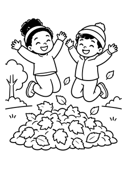 Free printable Happy Kids Jumping In Leaves coloring page