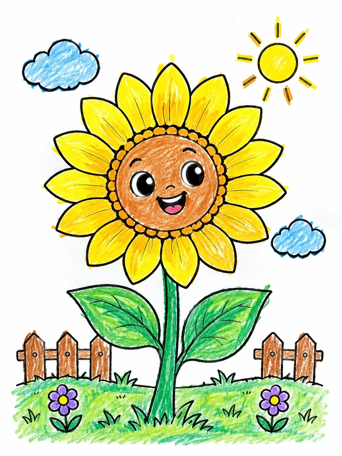 Colored example of the Happy Smiling Sunflower In Garden coloring page