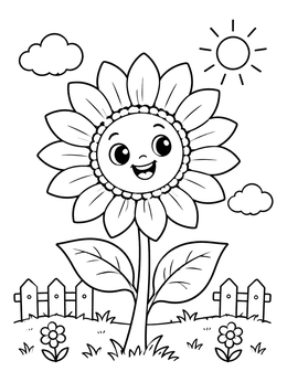 Free printable Happy Smiling Sunflower In Garden coloring page