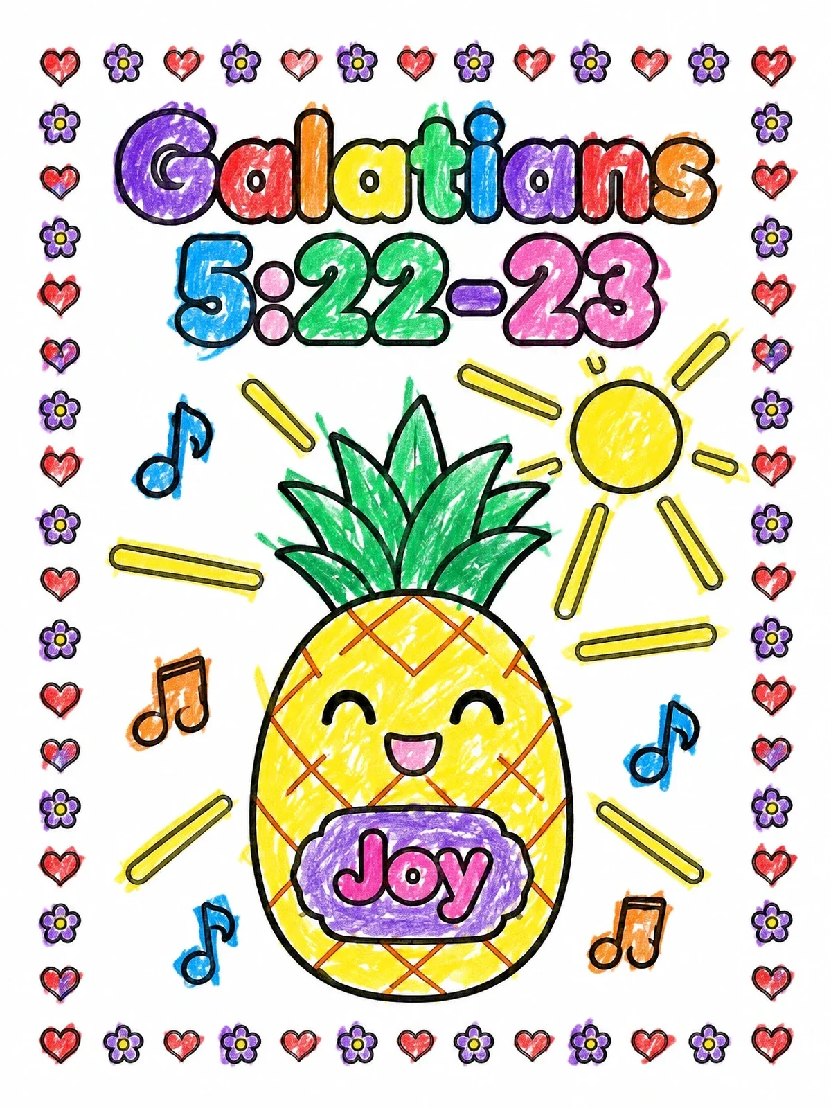 Colored example of the Joy Pineapple Fruit Of The Spirit coloring page