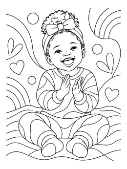 A cheerful baby clapping hands on this joyful joy coloring page surrounded by hearts.
