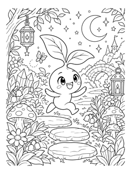A cheerful plant sprout coloring page showing a leafy creature leaping on stepping stones under a crescent moon.
