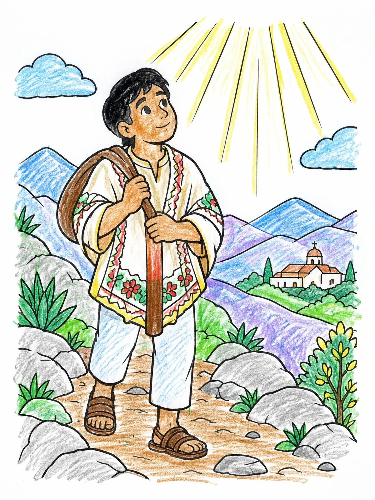 Colored example of the Juan Diego On Mountain Path coloring page