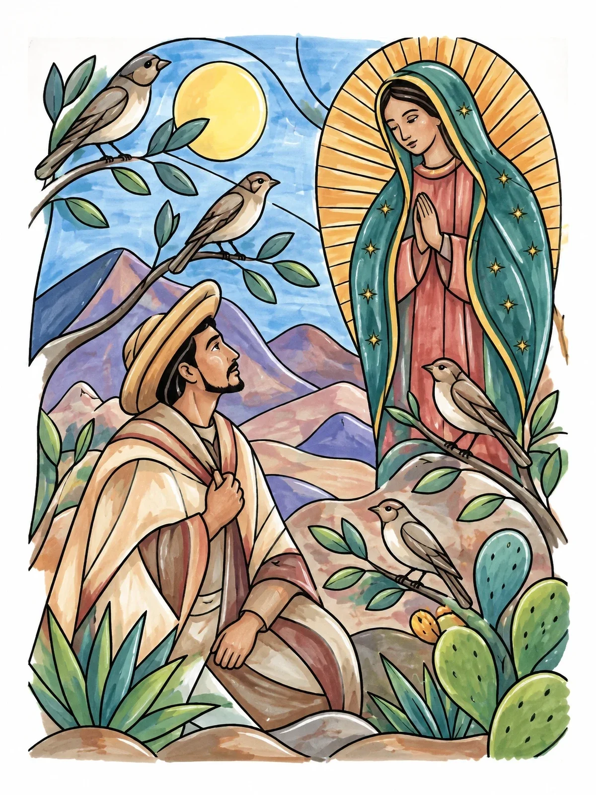 Colored example of the Saint Juan Diego And Our Lady Of Guadalupe coloring page