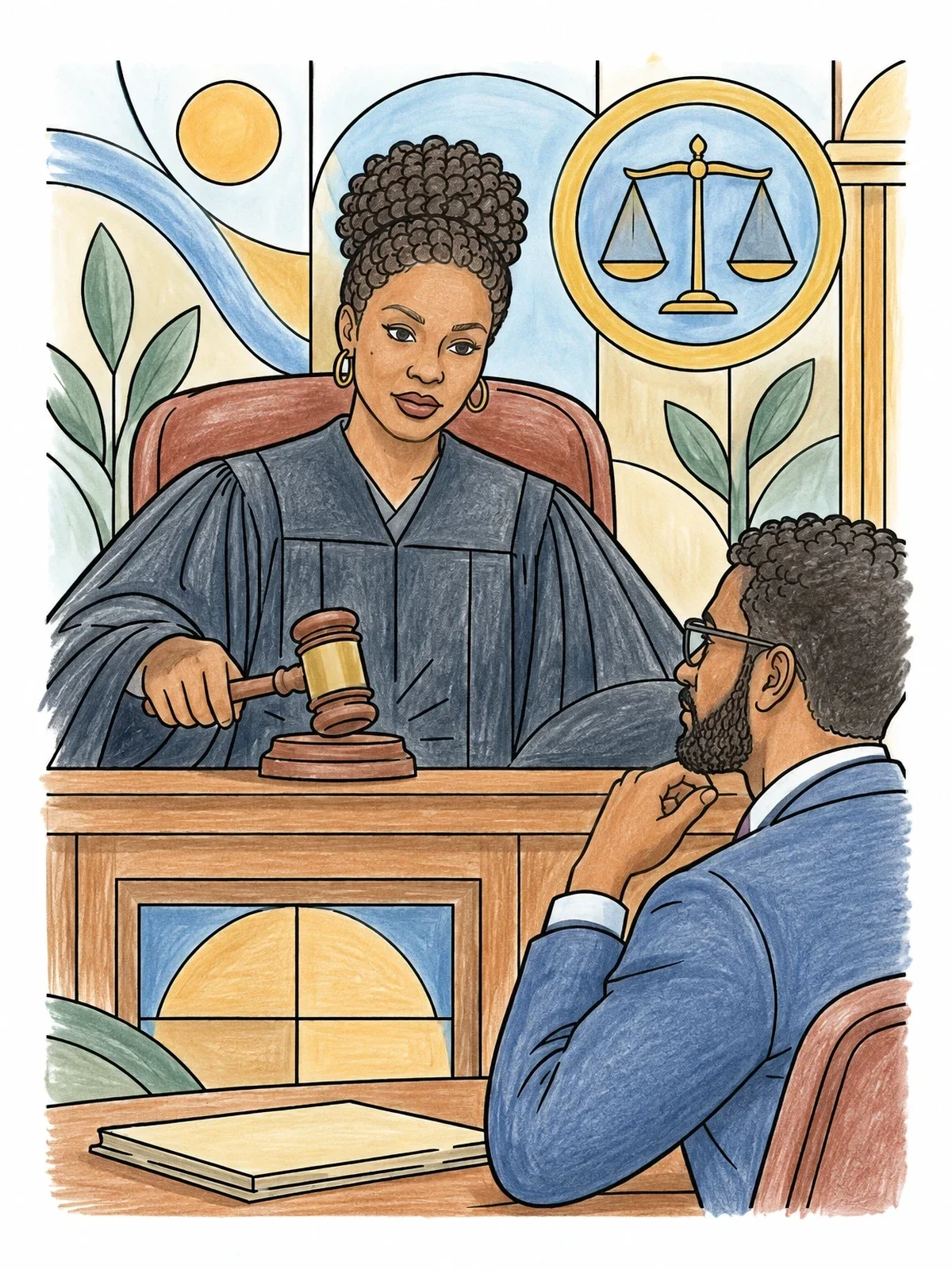 Colored example of the Judge With Gavel And Listening Lawyer coloring page