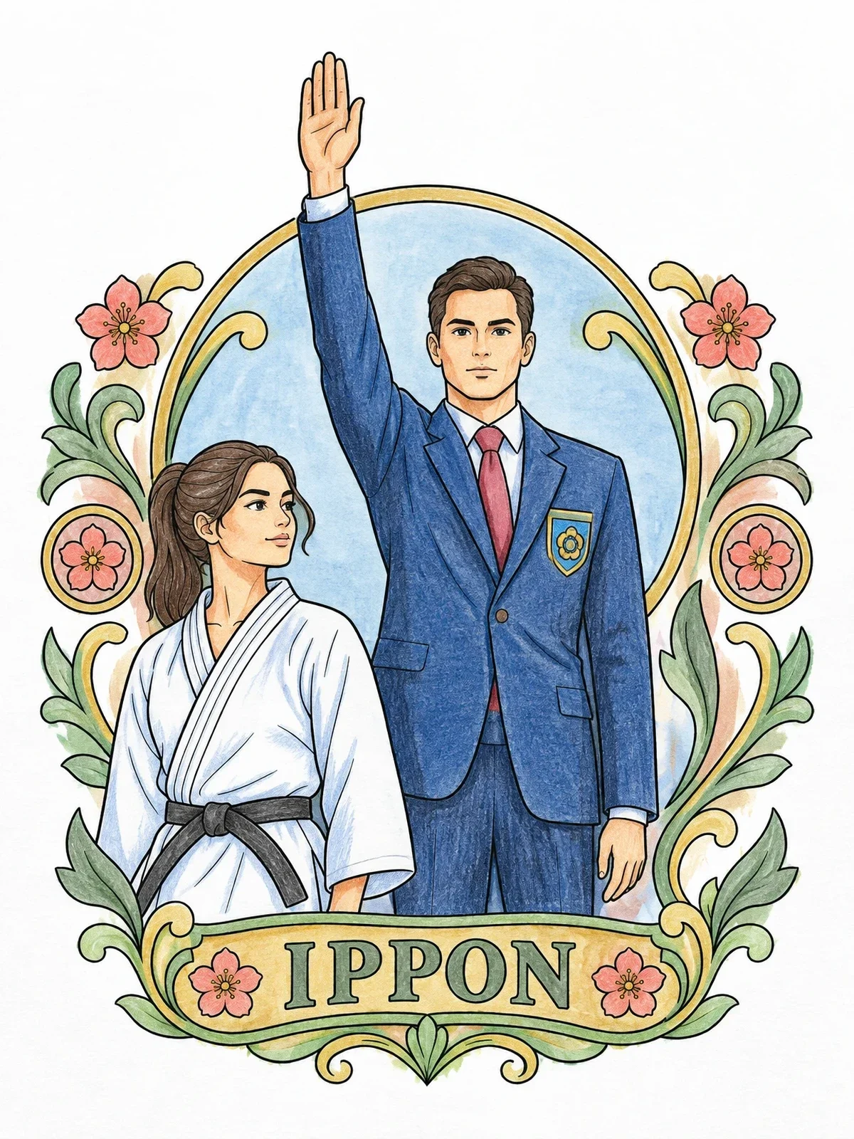 Colored example of the Referee Signaling Ippon Victory coloring page