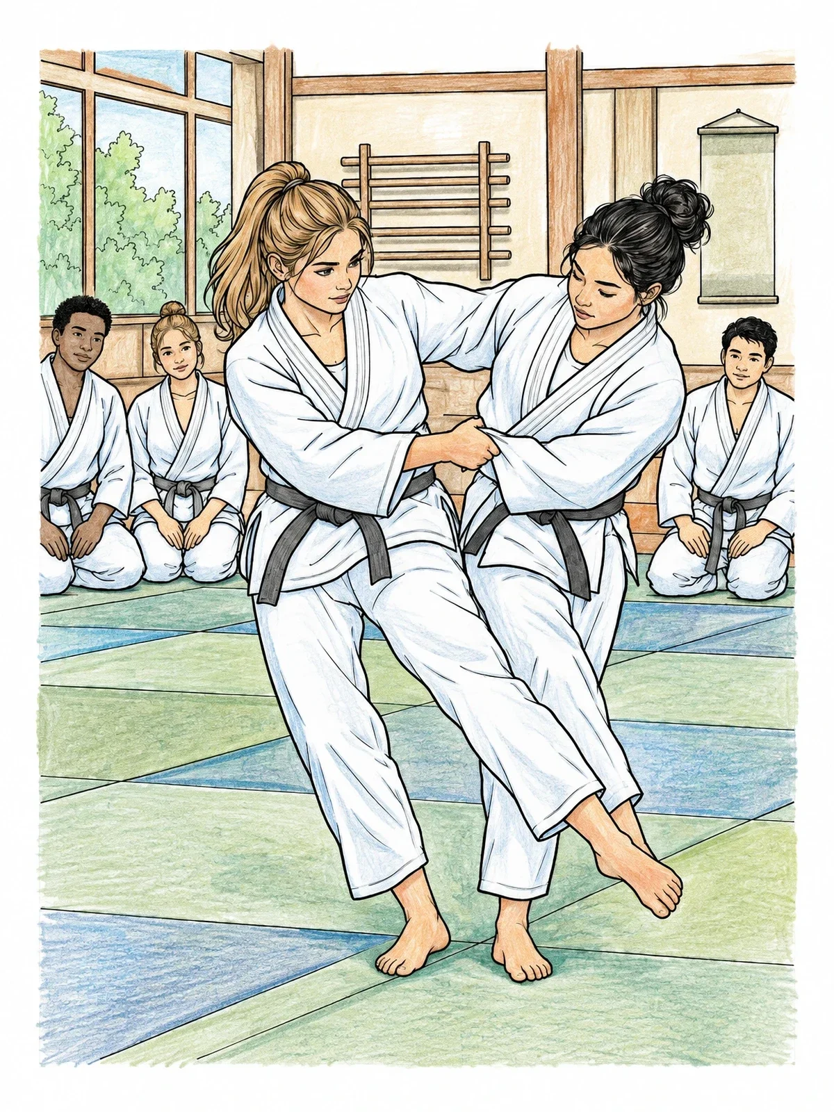 Colored example of the Judoka Practicing Foot Sweep Drill coloring page
