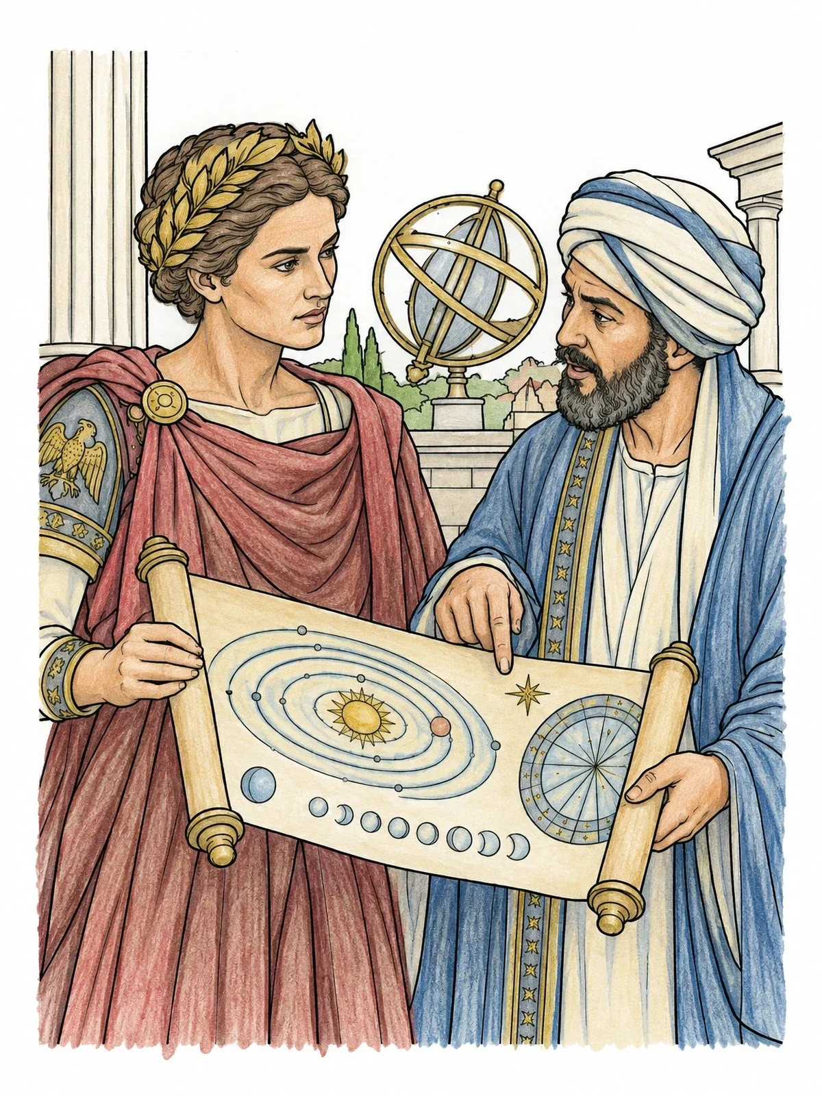 Colored example of the Julius Caesar And Astronomer With Celestial Scroll coloring page