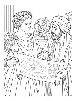 Julius Caesar coloring page featuring Caesar and an astronomer examining a celestial map on a scroll.