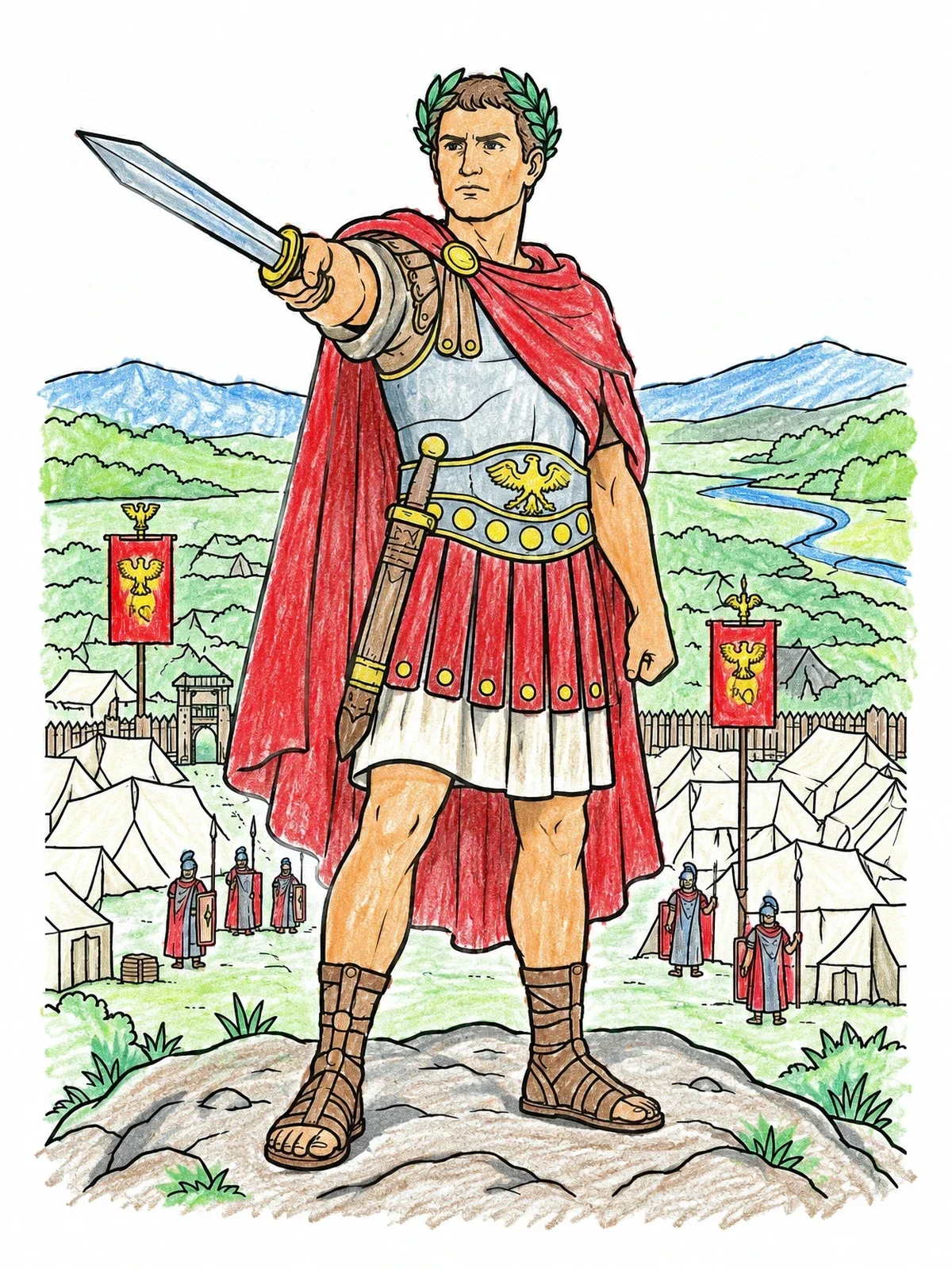Colored example of the Julius Caesar Commanding His Legion coloring page