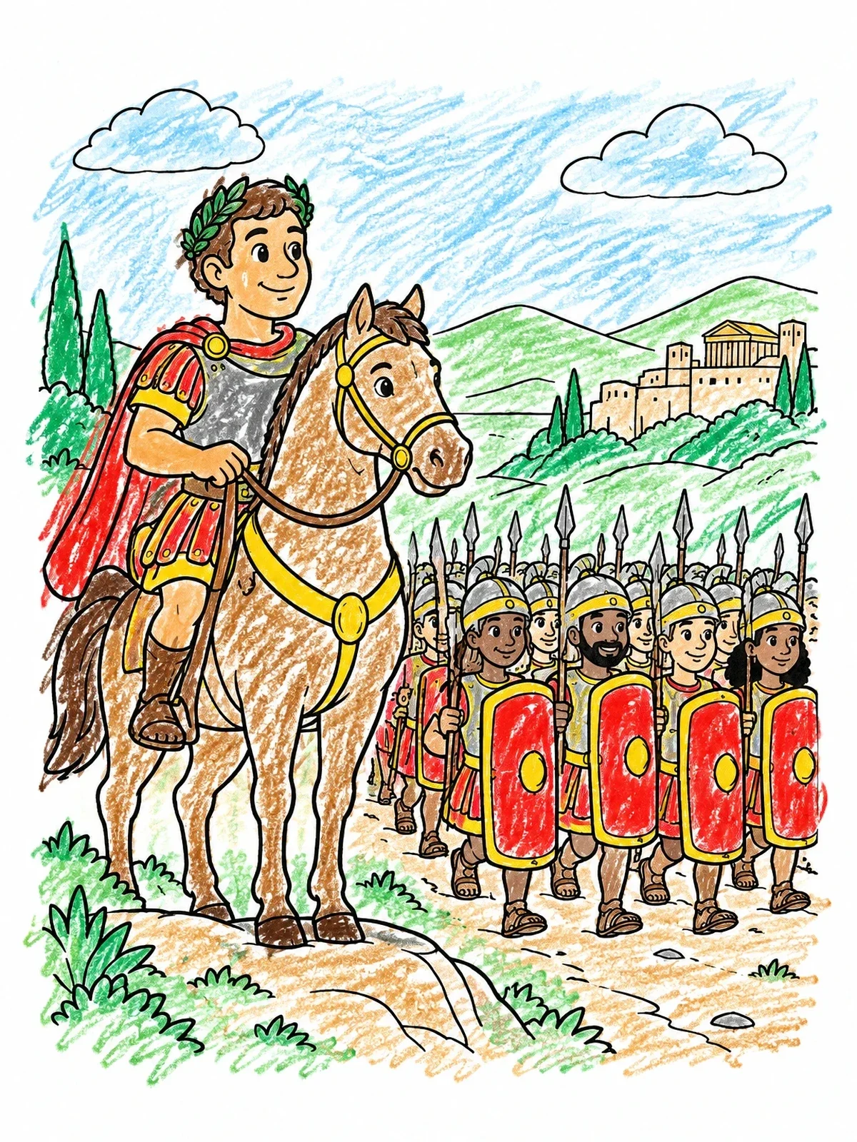 Colored example of the Julius Caesar On Horseback With Roman Soldiers coloring page