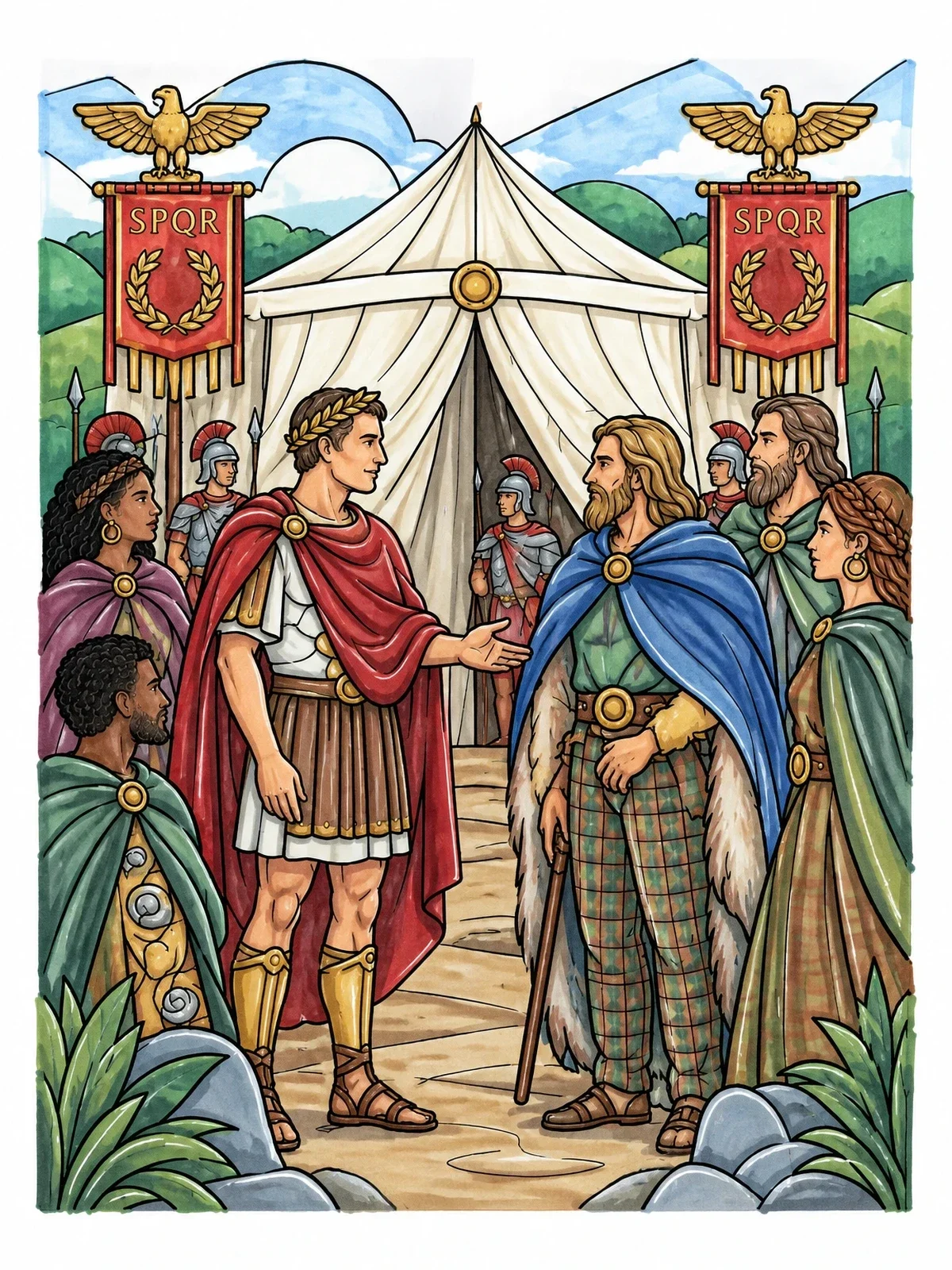 Colored example of the Caesar Meeting Gaul Leaders coloring page