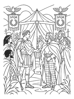 Julius Caesar coloring page showing the Roman general greeting Gaul chieftains outside a camp tent.