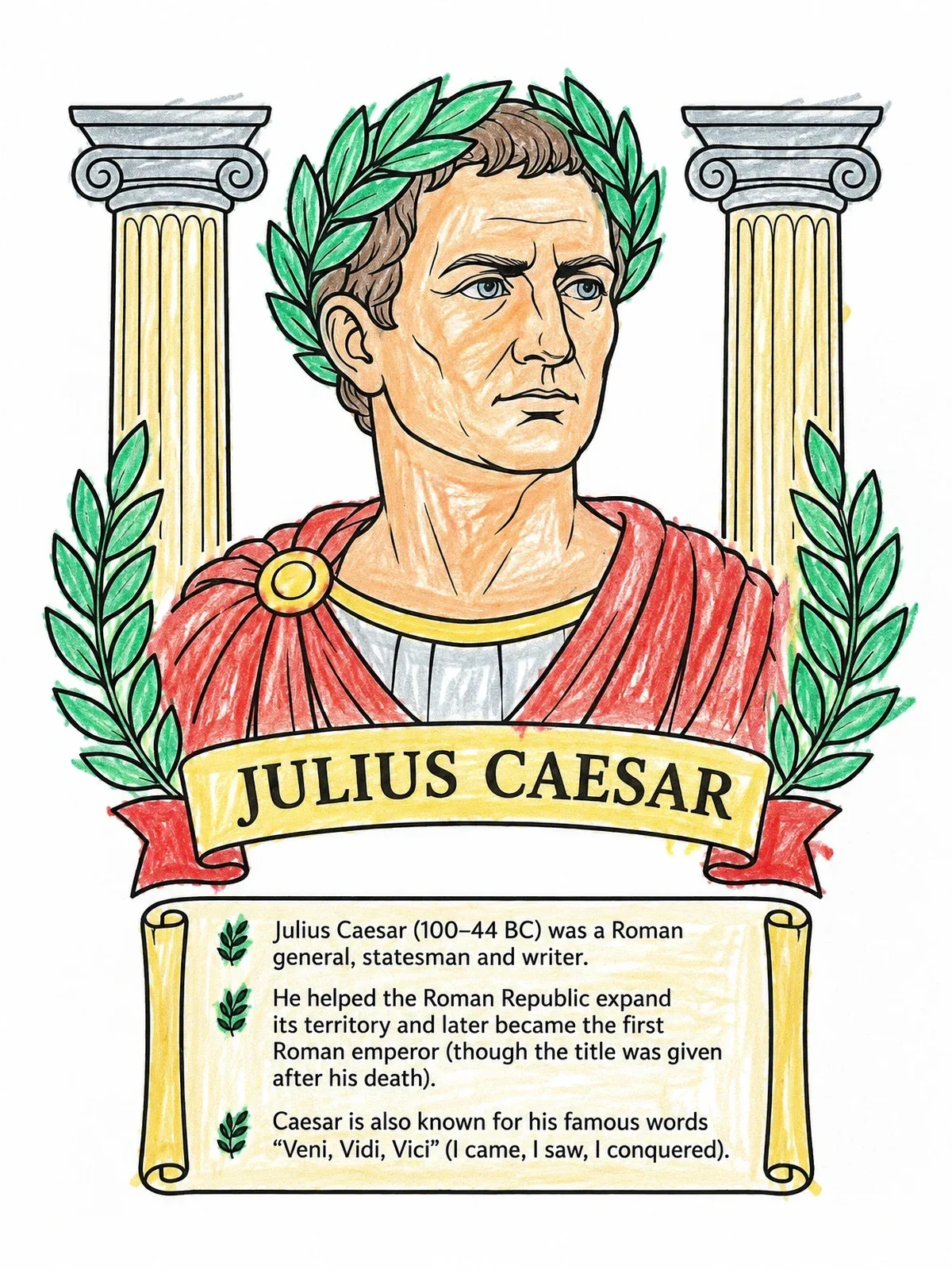 Colored example of the Julius Caesar Portrait With Roman Columns coloring page