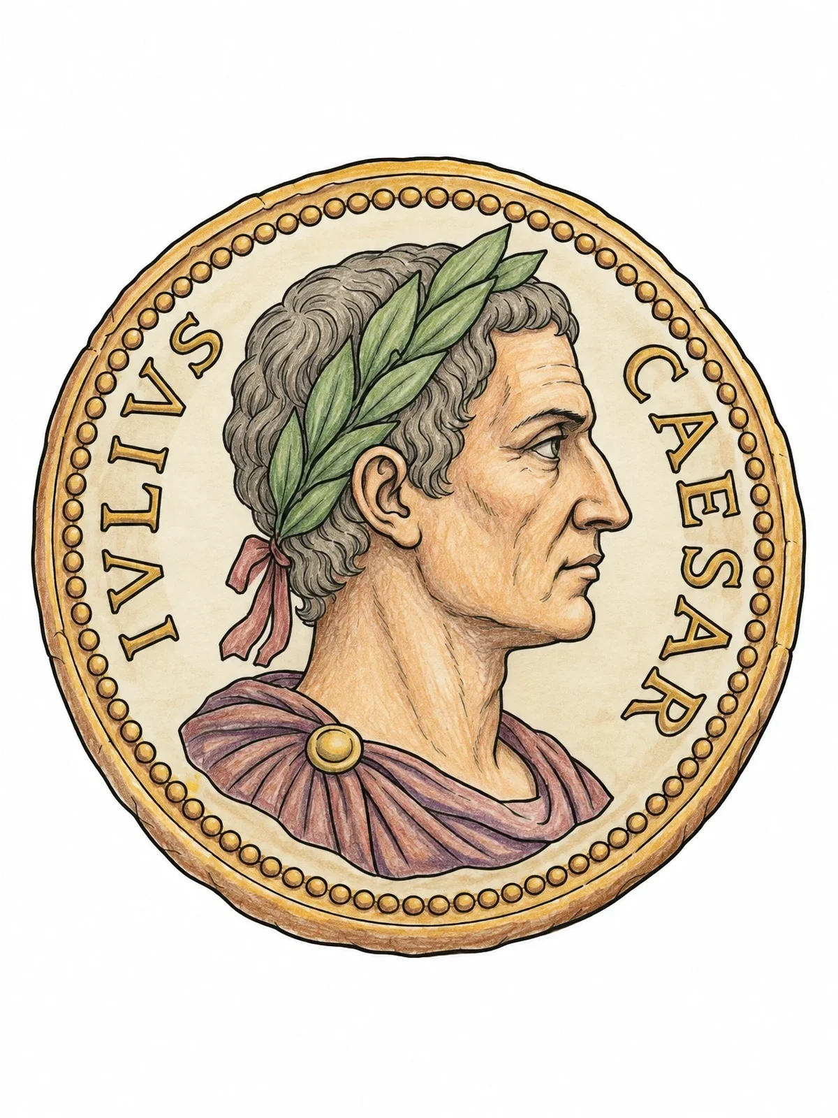 Colored example of the Julius Caesar Roman Coin Medallion coloring page