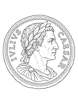 Classic julius caesar coloring page featuring a detailed profile portrait on an ancient Roman coin medallion.