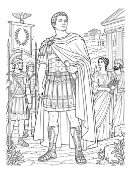 A detailed julius caesar coloring page showing the Roman commander in armor before soldiers and temples.