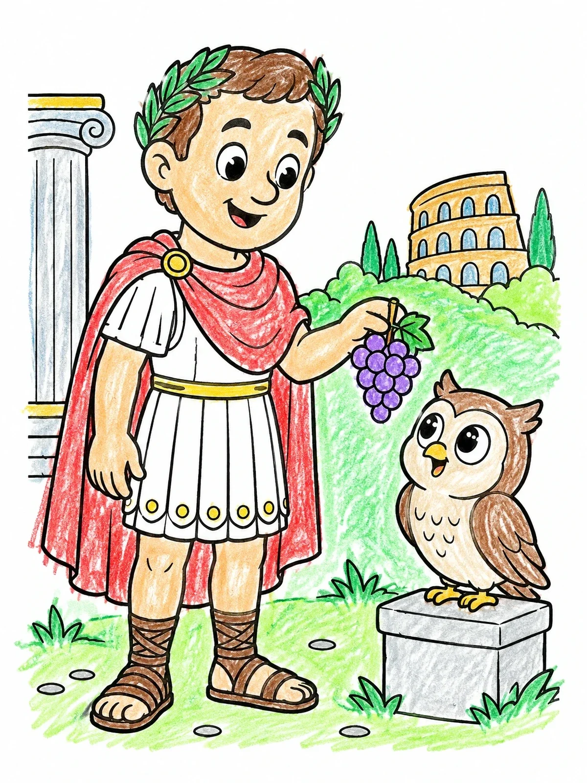 Colored example of the Julius Caesar With Friendly Owl coloring page