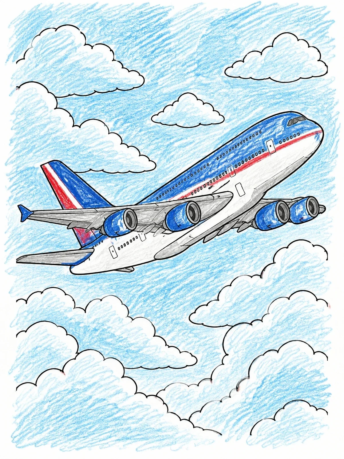 Colored example of the Jumbo Jet Soaring Above Clouds coloring page