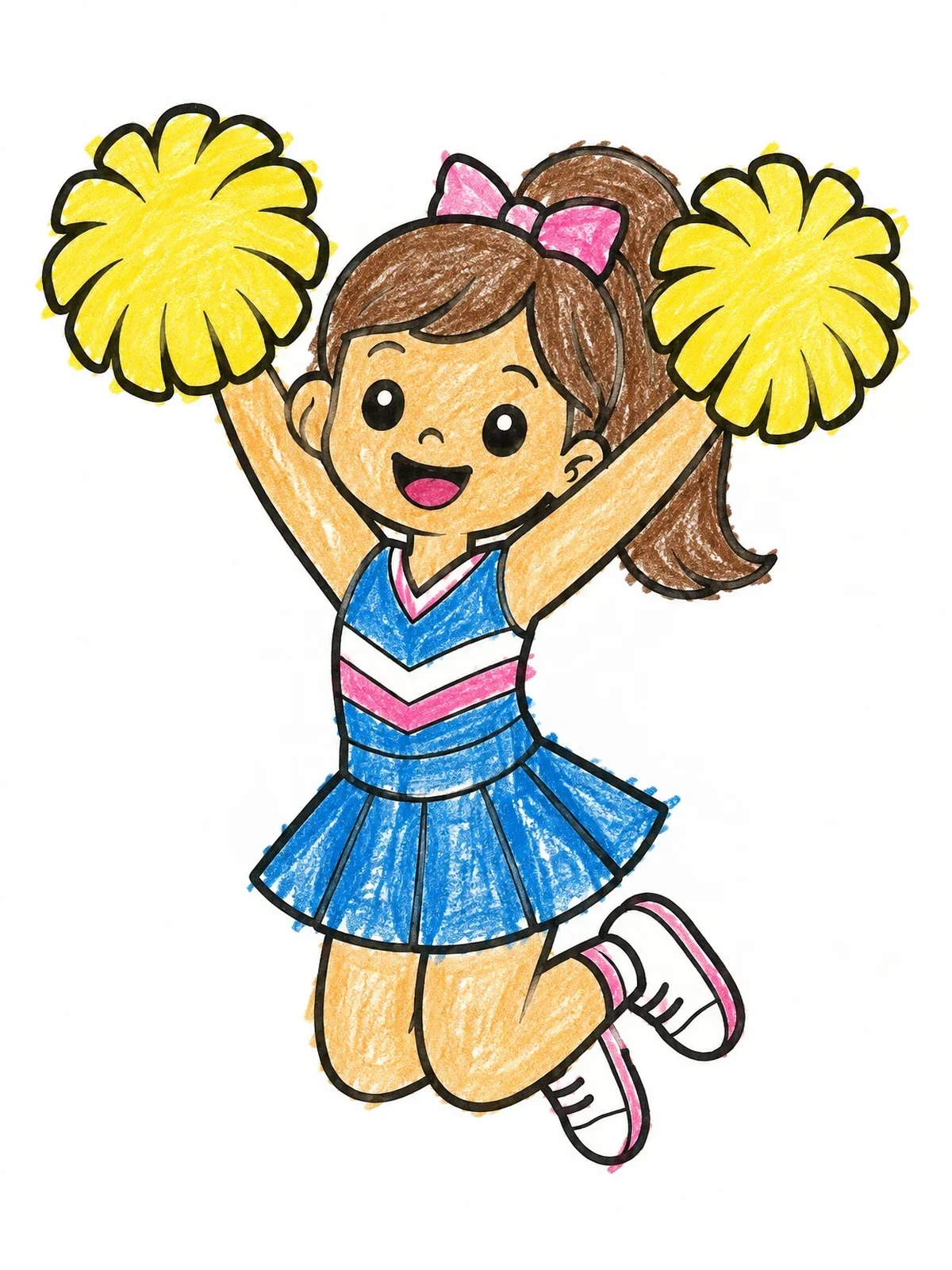 Colored example of the Cheerful Girl Jumping With Pom Poms coloring page